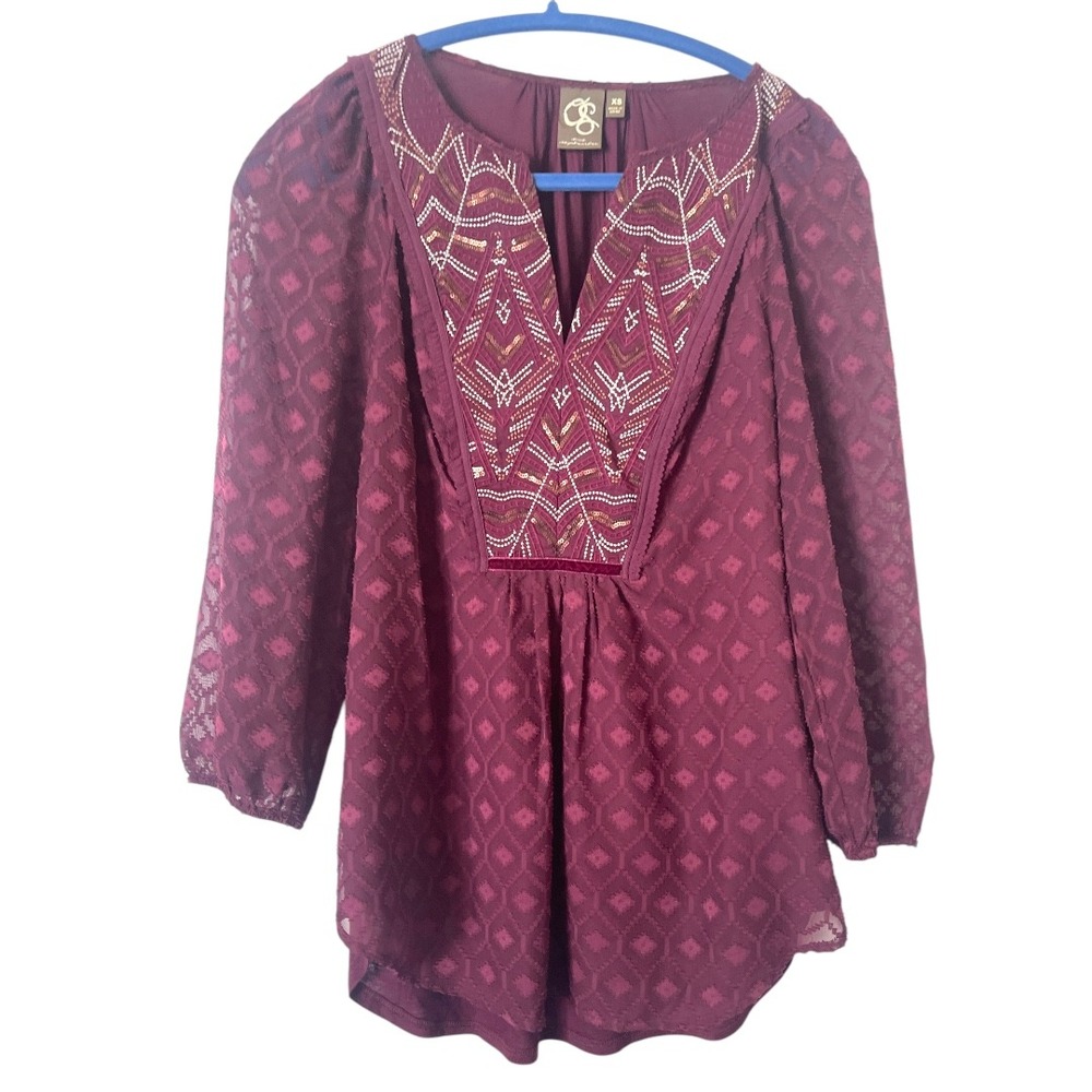 Anthropologie One September Embroidered Madiran Peasant Blouse Plum‎ XS